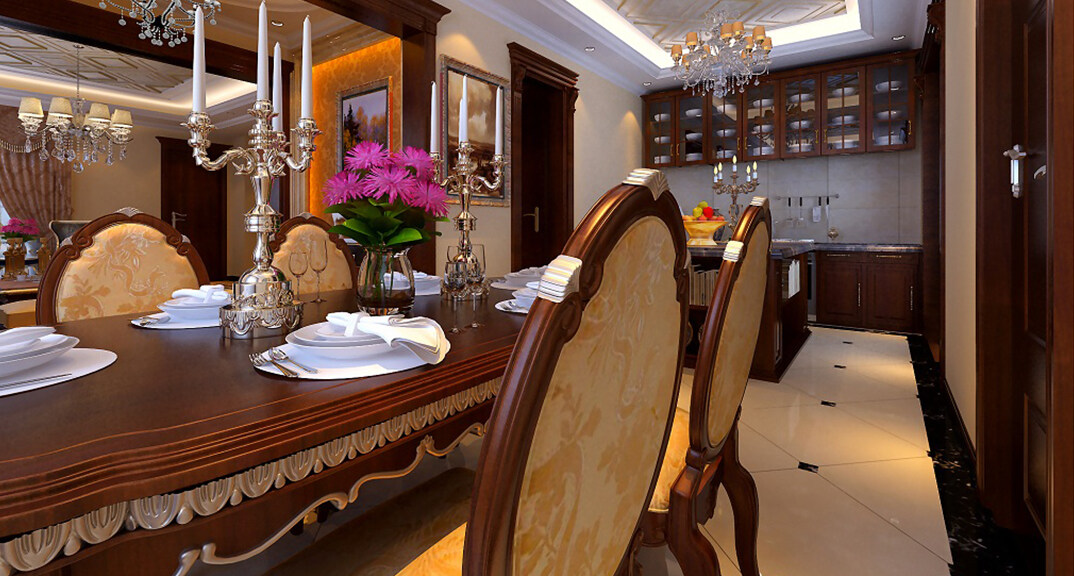 青特花溪地164㎡別墅餐廳廚房簡歐風(fēng)格裝修案例